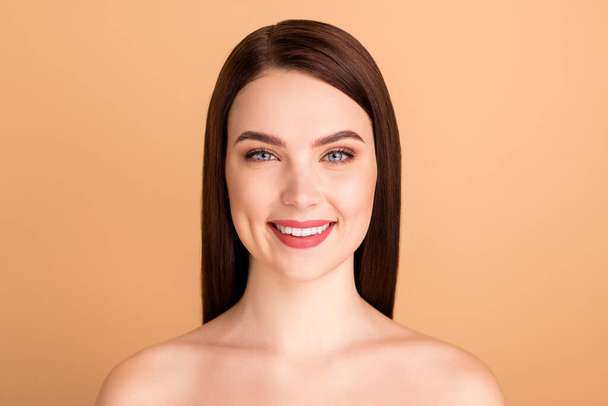 Close up photo of cheerful positive girl enjoy new skincare treatment therapy she became real beauty queen isolated over beige color background - Foto, Imagem