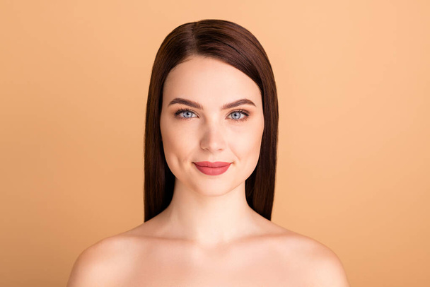 Close up photo of gorgeous girl feel content want attract men have new effective salon beauty skincare treatment isolated over beige color background - 写真・画像