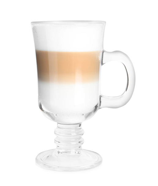 Glass of delicious latte macchiato isolated on white - Fotoğraf, Görsel