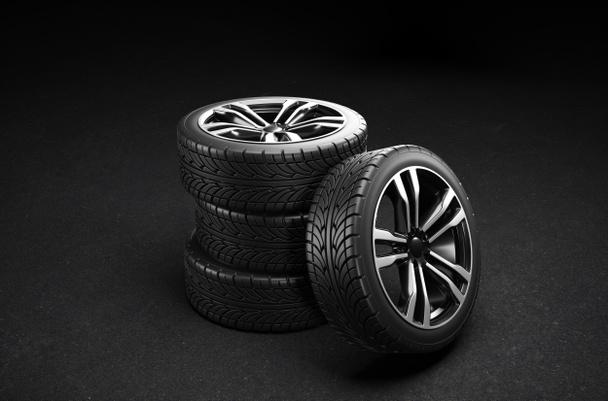Cuatro ruedas de coche en el pavimento. Ilustración de representación 3D
. - Foto, Imagen