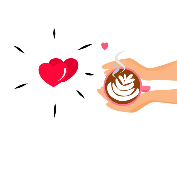 Overview of hot fresh cappuccino in pink cup during break in hand and heart shape. - Vector, Image