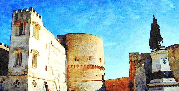 Acuarela digital que representa la plaza frente a las antiguas murallas de la ciudad de Otranto en Salento en Puglia, Italia
 - Foto, imagen