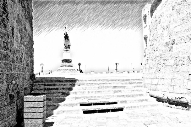 Számítógépes rajz fekete-fehérben, fekete-fehérben, egy pillantást vetve az ősi falakra, melyek az olaszországi Pugliában, Salentóban, Otranto egyik terére néznek. - Fotó, kép