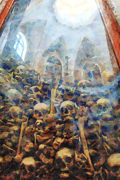 Digitális akvarellstílus, amely csontvázakat ábrázol az olaszországi Pugliában, Salentóban található Otranto templom kriptájában - Fotó, kép