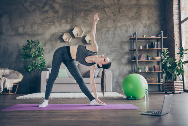 Full body photo of focused active energy effort girl doing physical exercise stretch hands abs on mat floor incline body in house indoors - Foto, Imagen