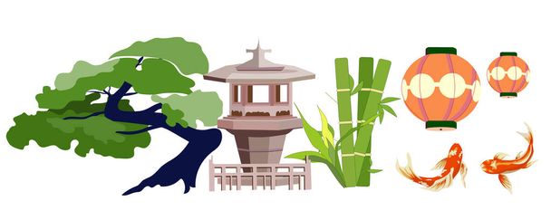 Σετ ιαπωνικών εθνικών αξιοθέατων. Διάνυσμα σύνολο αντικειμένων με μπαμπού, παγόδες, bansai, torii και koi carps. - Διάνυσμα, εικόνα