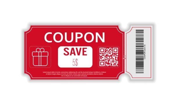 Coupon with real barcode and QR code for 5 percent off sale for stores, trade and business. Simple design - Wektor, obraz