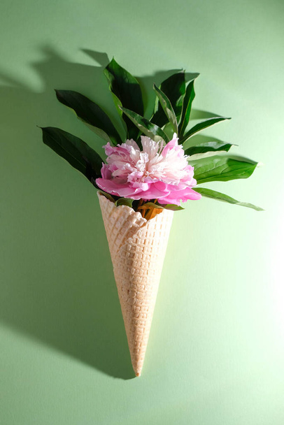 Peony flower in a waffle cone. Summer concept. Flat lay. Trendy shadow - Zdjęcie, obraz