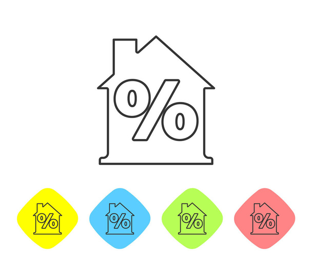 Grey line House with percant discount tag icon isolated on white background. Real estate home. Credit percentage symbol. Set icons in color rhombus buttons. Vector. - Vector, Image