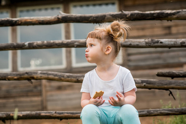 outdoor portrait of a girl sitting on the grass near the fence.Summer in the village. beautiful baby girl on a wooden bench.ecology and happy childhood. - Fotoğraf, Görsel