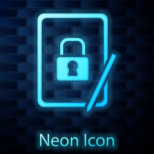 Ragyogó neon grafikus tabletta zárt lakat ikon elszigetelt téglafal háttér. Telefon zárral. Mobil védelem, biztonság, védelem. Vektor. - Vektor, kép