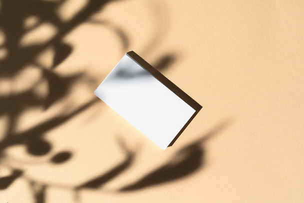 Blank white businesscard on beige background with creative floral shadow - Fotoğraf, Görsel