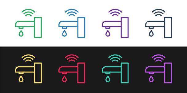 Imposta la linea Icona del sistema Smart Water Rubinetto isolato su sfondo bianco e nero. Internet delle cose concetto con connessione wireless. Vettore. - Vettoriali, immagini