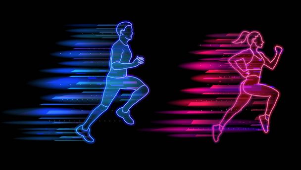 Uomo e donna in esecuzione stile neon luce, persone che fanno jogging set. Stile di vita sano e concetto di sport illustrazione vettoriale - Vettoriali, immagini
