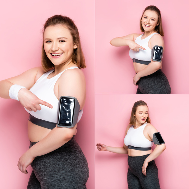 collage of cheerful overweight girl pointing with finger at smartphone in armband on pink - Fotografie, Obrázek
