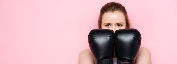 website header of size plus girl obscuring face with boxing gloves while looking at camera on pink - Fotoğraf, Görsel