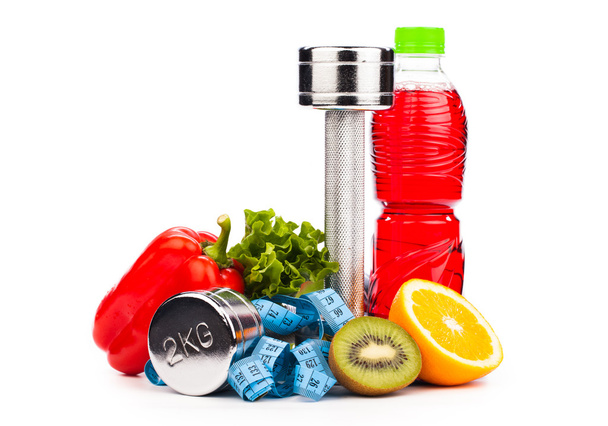 Fitness equipment with fruits and bottle of energy drink isola - Fotoğraf, Görsel