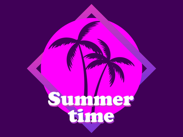 Kesäaika 80-luvun retro scifi palmuja auringonlaskussa. Synthwave ja retrowave tyyli. Violetti väri. Vektoriesimerkki - Vektori, kuva