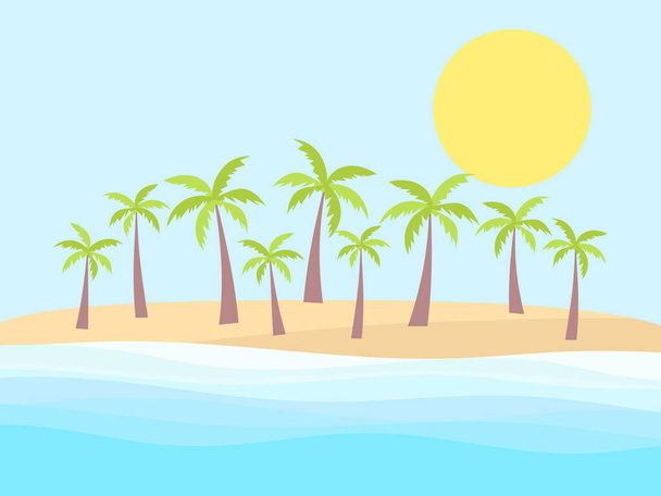 Palmeras en la orilla de una playa tropical. Paisaje con palmeras, olas marinas y sol. Ilustración vectorial
 - Vector, Imagen