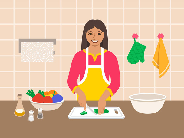 Giovane donna indiana moderna taglia verdure fresche per insalata o ragù in cucina. Illustrazione del fumetto vettoriale piatto. Mamma prepara la cena per la famiglia. Cucinare a casa. Preparazione di pasti vegetariani - Vettoriali, immagini