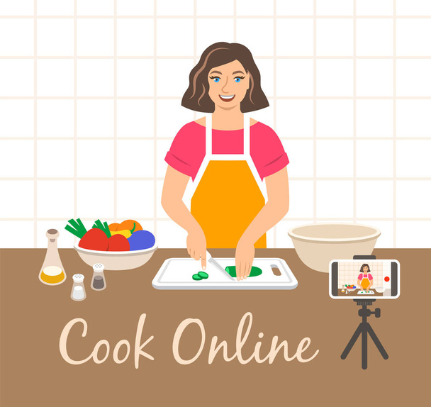 Ragazza riprese sul suo telefono video tutorial di cucina per blog culinario. Corso di cucina online. La giovane donna taglia verdure fresche per insalata. Illustrazione del fumetto vettoriale piatto. Concetto di blogger Internet. - Vettoriali, immagini