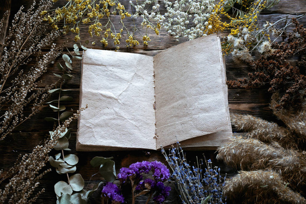 Various dried plants and herbs and a blank page recipe book mock up on a wooden table background with copy space. Herbal medicine. - Zdjęcie, obraz