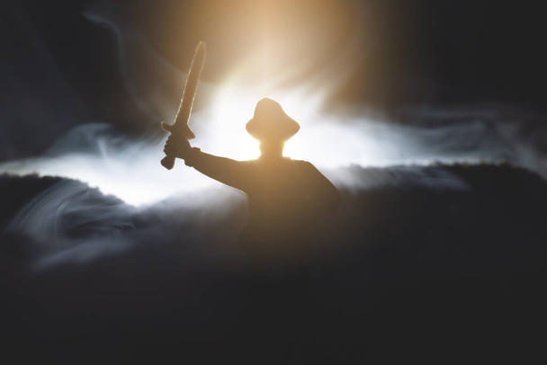 The pirate captain in the hat with raised up swords in the night fog concept. - Fotó, kép