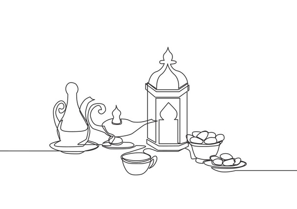 Ramadan Kareem wenskaart, poster en banner ontwerp. Een enkele lijn tekening van islamitische ornament lantaarn, glas, dateert fruit, voedsel, drinken en theepot. Continue lijntekening vector illustratie - Vector, afbeelding