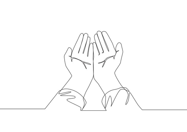 Постійні малюнки муслім відкриваються і піднімають руки, молячись Богу. Ісламський святий день Рамадан Карем'єм і Ейд Мубарак концепцію вітальних листівок один рядок малюють векторні ілюстрації - Вектор, зображення