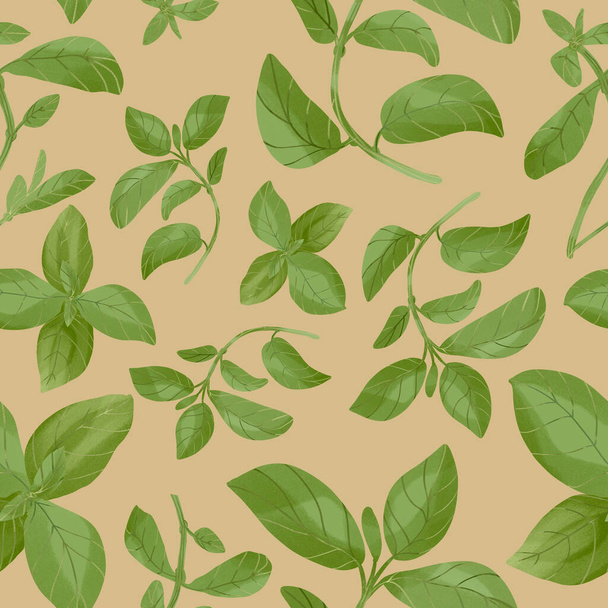 Digital watercolor seamless herbal pattern on brown paper background. Fresh green basil branches. Italian mediterranean cuisine herb. For surface, textile, tableware, wallpaper, food packaging design - 写真・画像