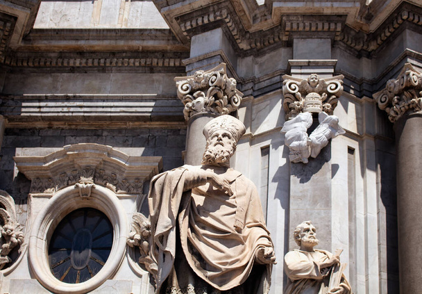 View of statues at at Cathedral of Sant Agata in Catania / Italy. It is prominent baroque cathedral known for its columned facade, domed roof, frescoes & paintings. - Photo, Image