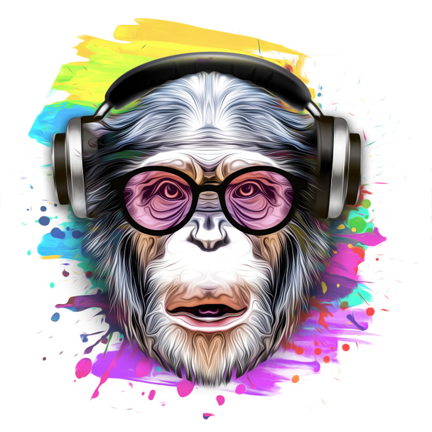 Mono artístico colorido en gafas con salpicaduras de pintura de colores sobre fondo blanco
 - Foto, Imagen
