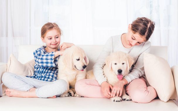 Smiling sisters sitting with puppies - Zdjęcie, obraz