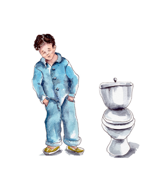 ακουαρέλα απεικόνιση του χαρακτήρα αγόρι σε μπλε πιτζάμες στέκεται στην τουαλέτα δίπλα στο μπολ τουαλέτα. απομονωμένο σε λευκό φόντο. - Φωτογραφία, εικόνα