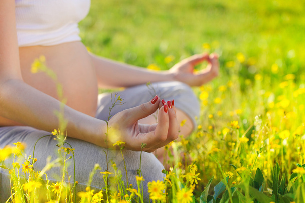 gezonde zwangere vrouw doen yoga in natuur in openlucht - Foto, afbeelding