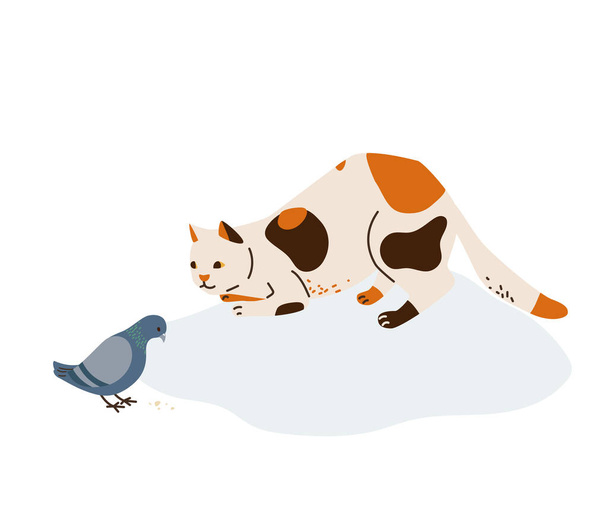 Gyönyörű három színű macska vadászat pózol órák galamb eszik gabona. Vektor illusztráció egyszerű rajzfilm lapos stílusban. Fehér alapon elszigetelve - Vektor, kép