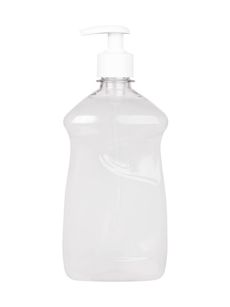 白い背景に隔離されたラベルのない透明なプラスチック製のシンプルなブランクボトルの防腐剤 - 写真・画像