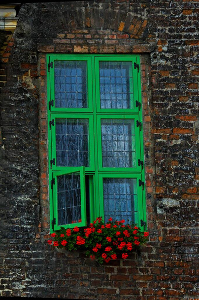 mooie interessante ramen in oude historische huurwoningen in de Poolse stad Gdansk van dichtbij - Foto, afbeelding