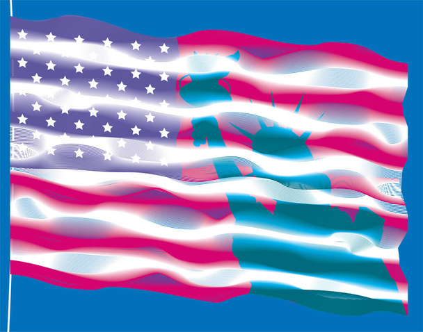 Vektor vlajky USA na modrém pozadí se sochou Svobody siluety. Den nezávislosti. Stylizovaný obrázek - Vektor, obrázek