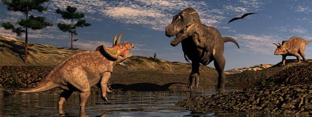Tyrannosaurus ve triceratops ile dinozor manzarası - 3D görüntüleme - Fotoğraf, Görsel