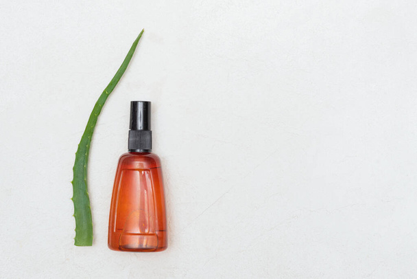 Aloe vera leaves and essential oil jar on white background. - 写真・画像