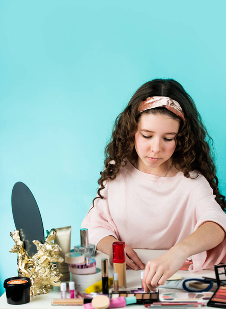 happy childrens day. small girl with long curly hair. party with cosmetic. relax and having fun. small girl in beauty salon. little girl in retro fashion headscarf. makeup for kid - Photo, image