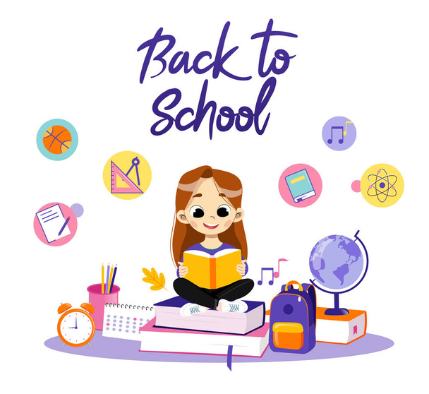 Concept Of Back To School. Clever Girl Sitting Among School Items In Surroundings Backpack And Globe, Calendar, Alarm And Reading The Book, Making Home task. Cartoon Flat Style. Vector Illustration - Вектор,изображение