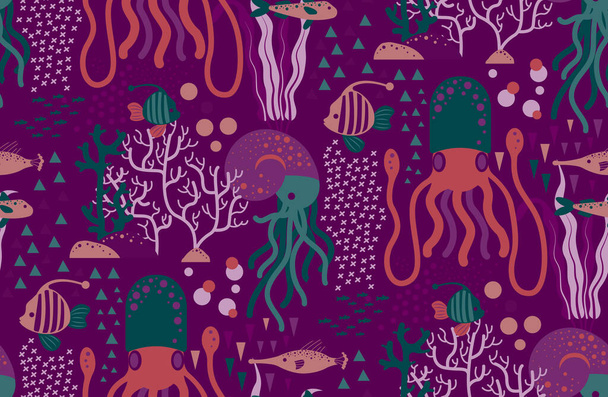 Underwater creatures pattern seamless design. Decoration textile and paper series - Vektör, Görsel