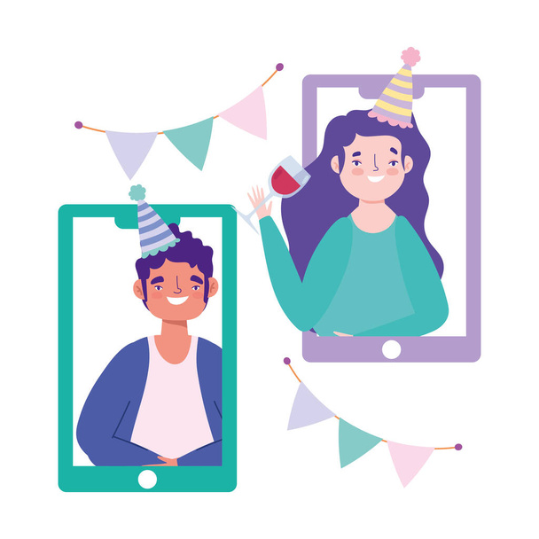 impreza online, urodziny lub spotkanie z przyjaciółmi, rozmowy wideo smartfonów podczas uroczystości samoizolacji - Wektor, obraz