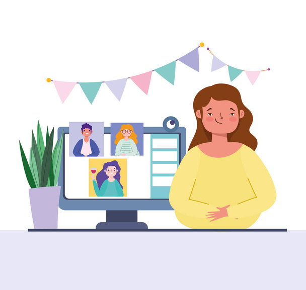 online party, birthday or meeting friends, young woman with computer web camera and people celebration - Vector, Image