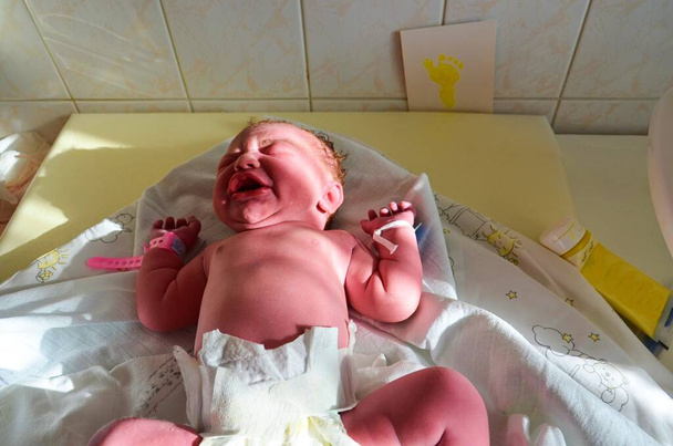 Νεογέννητο μωρό - κορίτσι με υπόλοιπο ομφάλιο λώρο μετά την επιτυχή γέννα. Πραγματικός τοκετός και νεογέννητο μωρό σε νοσοκομείο. Ένα υγιές νεογέννητο κοριτσάκι εξετάστηκε και πήρε το μωρό. - Φωτογραφία, εικόνα