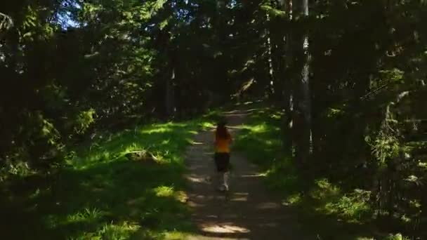 Namierzanie drone aparat kobieta dziewczyna działa jogging w górskim lesie, 4k widok z góry - Materiał filmowy, wideo