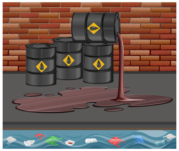 Μαύρα βαρέλια πετρελαίου με αργό σημάδι πετρελαιοκηλίδα στο πάτωμα σε τούβλο εικονογράφηση φόντο - Διάνυσμα, εικόνα
