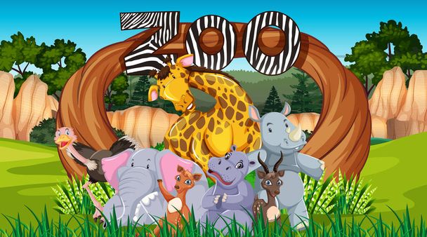 Zoo animals in the wild nature background illustration - Vector, Image